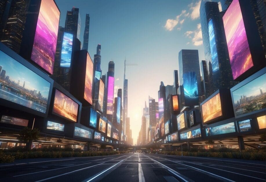 Metaverse: A futuristic cityscape with holographic billboards and virtual reality experiences. A sense of wonder and excitement fills the air