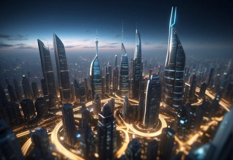 A futuristic cityscape with towering skyscrapers, holographic advertisements, and flying vehicles buzzing through the air, creating a sense of bustling activity and technological advancement