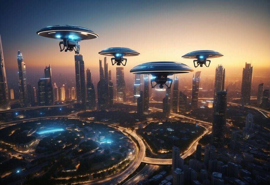 A futuristic cityscape with holographic billboards and security drones patrolling the skies, while data streams flow through virtual buildings