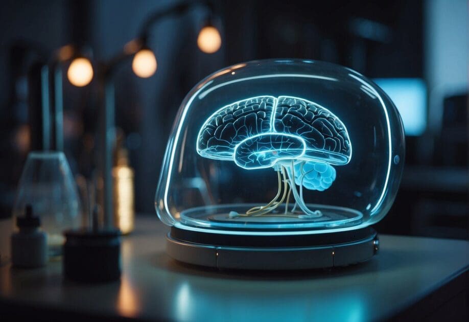 A futuristic lab with glowing biohacking equipment and a brain implant procedure in progress. Sparkling lights and advanced technology create a sci-fi atmosphere