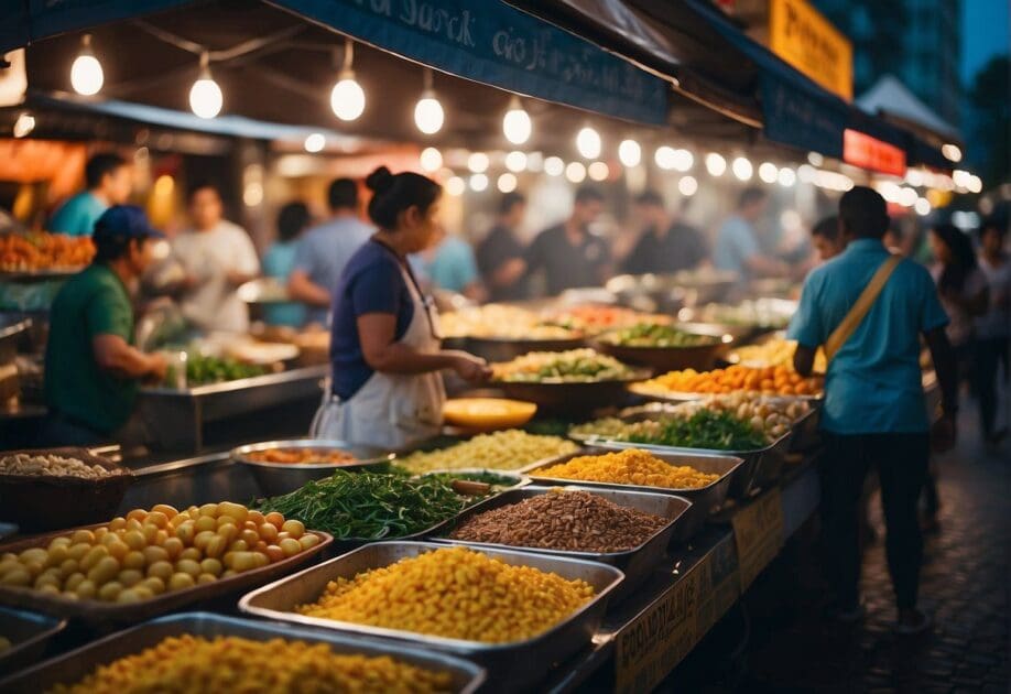 A bustling food market with diverse vendors selling unique and affordable culinary creations. Colorful food stalls line the streets, attracting a mix of locals and tourists