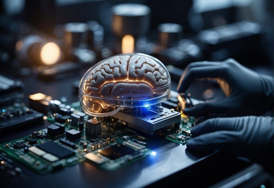 A brain implant being inserted into a computer chip, surrounded by futuristic technology and glowing lights