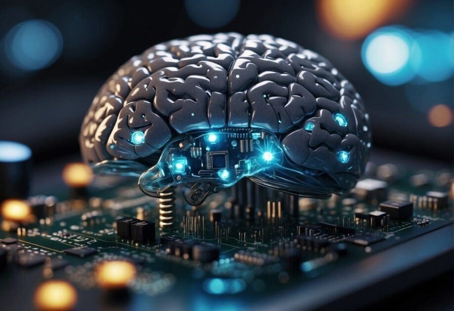 A brain with a microchip implanted, surrounded by glowing symbols and circuits, representing the concept of biohacking for intelligence enhancement