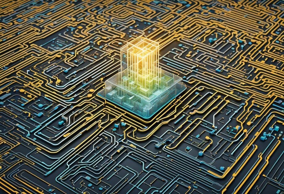 META's logo emerges from a maze of interconnected circuits, symbolizing strategic collaborations in the race for AI dominance