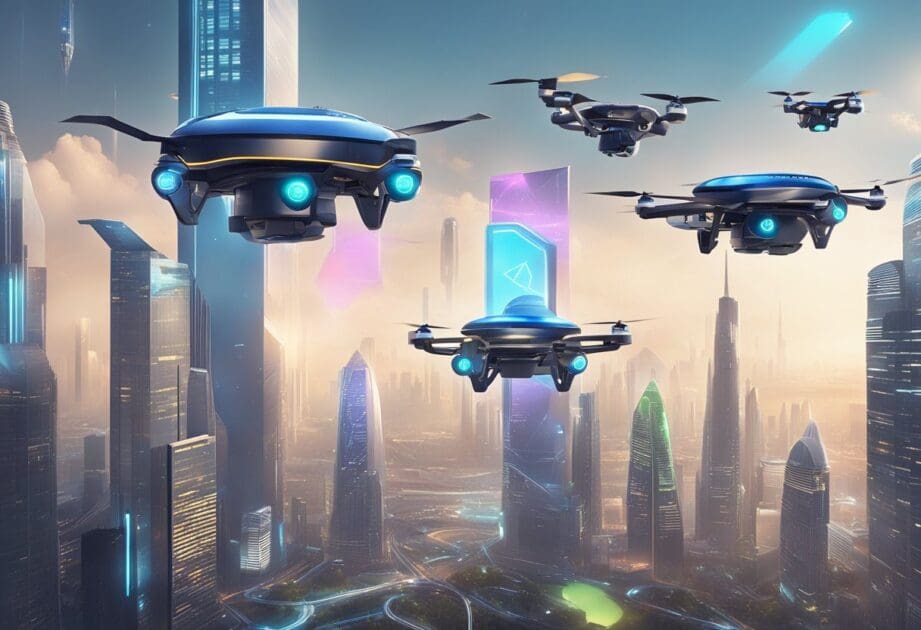 A futuristic cityscape with META logos dominating the skyline, while AI-powered drones buzz overhead, showcasing the company's dominance in the race for AI