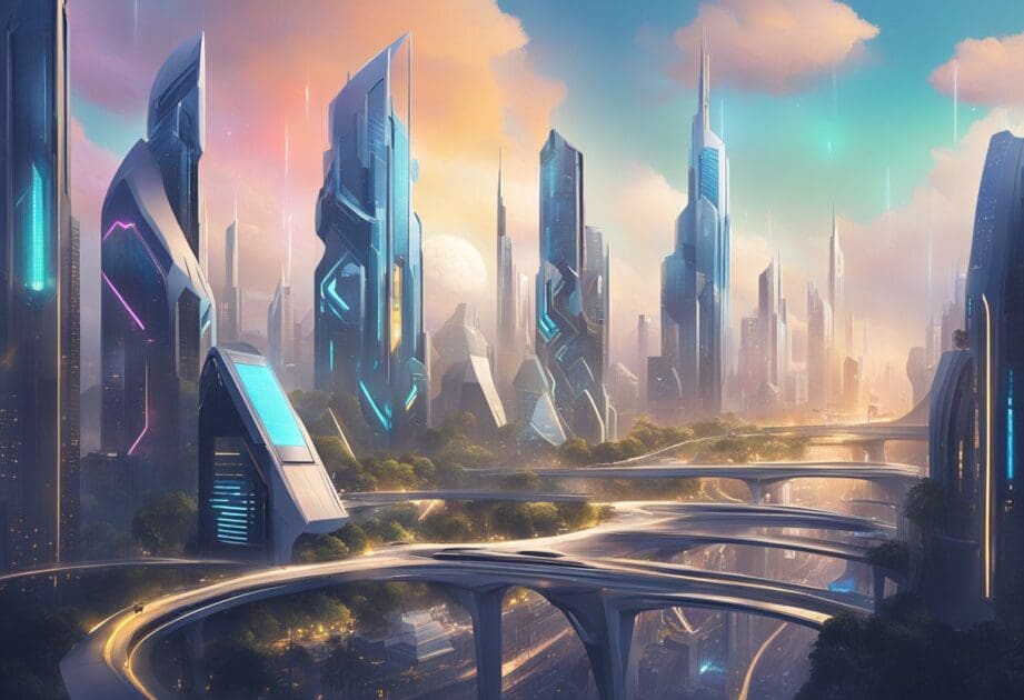 A futuristic cityscape with META's logo dominating the skyline, while AI algorithms and ethical guidelines intertwine in the background