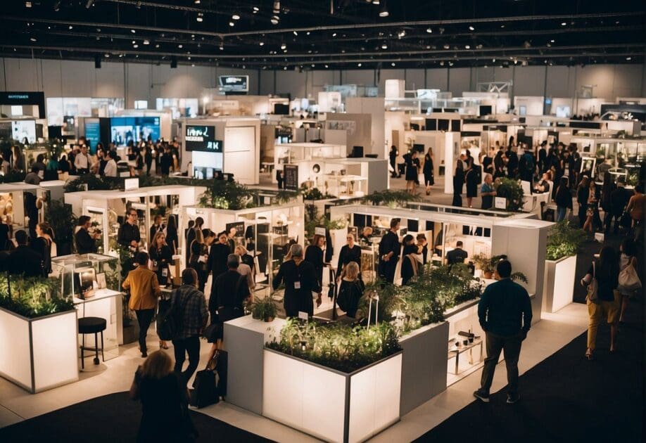 A bustling fashion and accessories trade show with vendors showcasing innovative business ideas on a budget