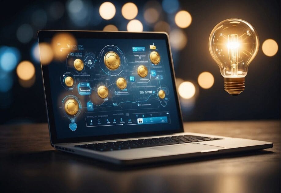 A laptop displaying various online marketing and sales strategies. A stack of coins and a light bulb representing innovative business ideas