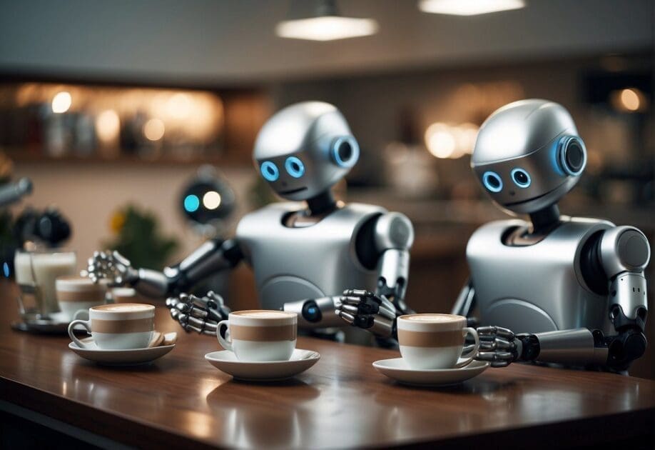 Robots dancing, singing, and making coffee in a futuristic setting with advanced technology and sleek design