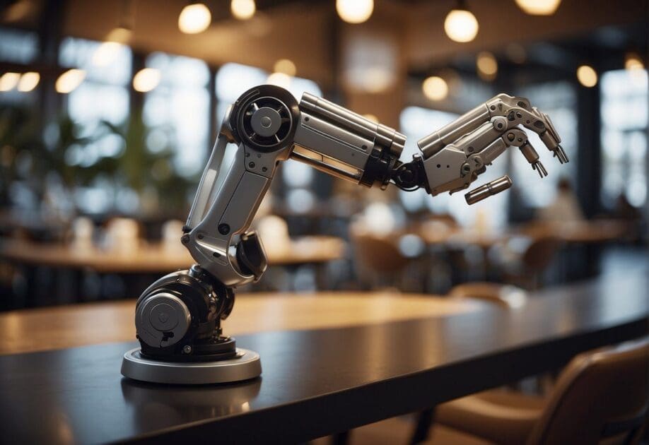 Robotic arms gracefully dance, sing, and brew coffee in a futuristic cafe setting