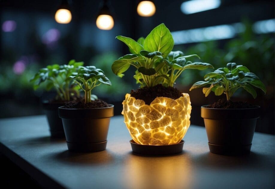 A glowing potato emits a soft, green light in a dark room, showcasing the innovation of bioluminescent food