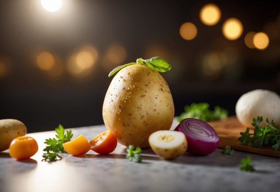 A glowing potato sits among other innovative food items, showcasing the cultural and social aspects of food innovation