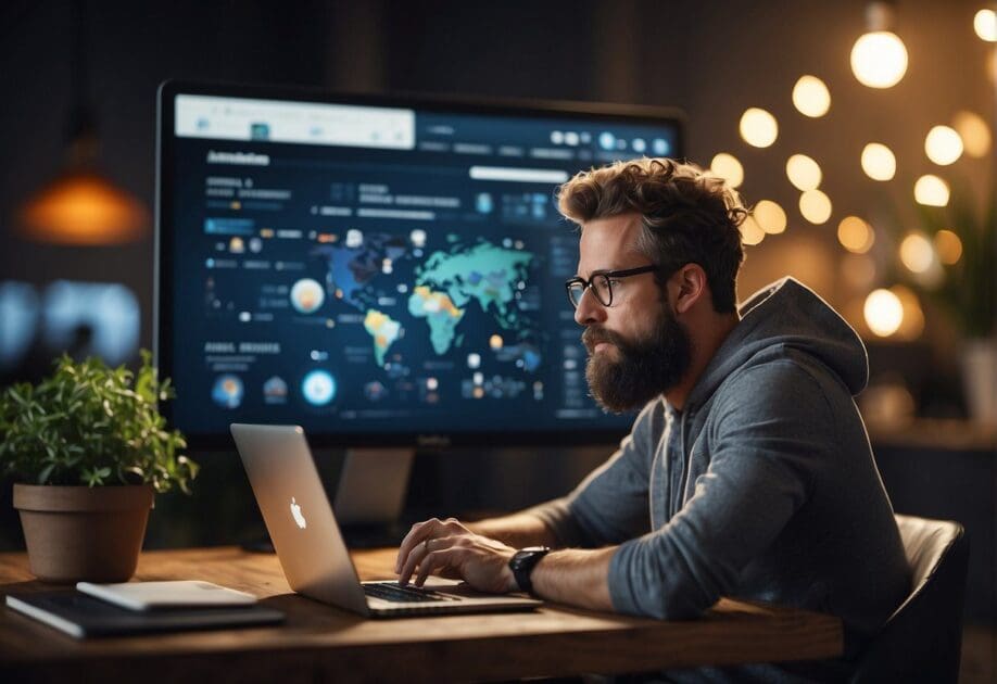 A freelancer working on a laptop surrounded by various innovative business ideas. The scene is minimalist and modern, with a focus on creativity and entrepreneurship