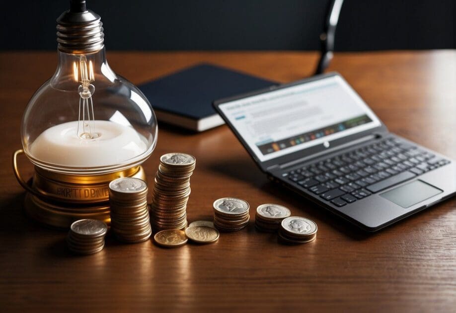 A table with a laptop, notebook, and pen. A light bulb symbolizing innovation. A stack of coins representing little money. Text "Frequently Asked Questions 20 ideias de negócios inovadores para começar com pouco dinheiro