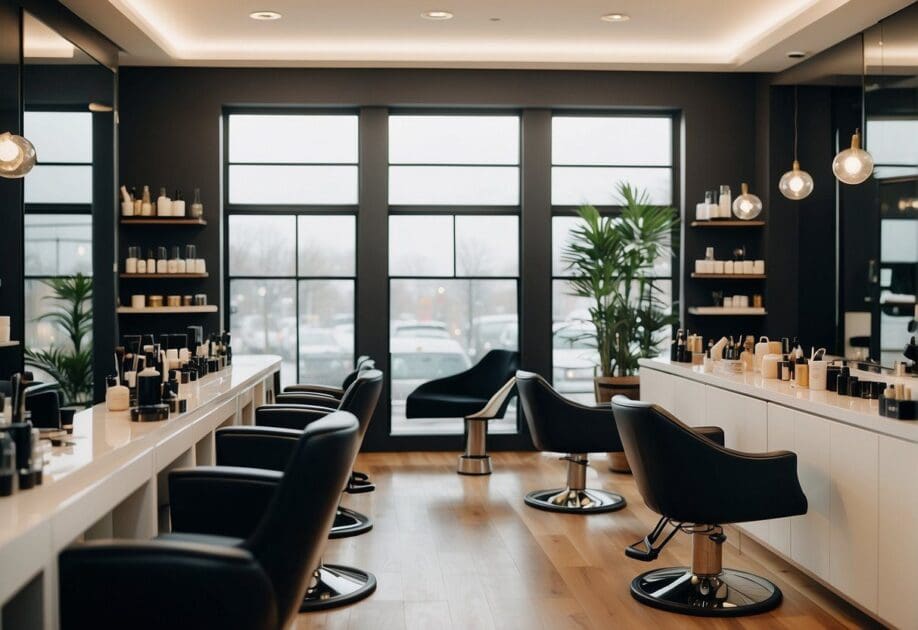 A modern salon with sleek decor, a variety of beauty products displayed on shelves, and a comfortable seating area for clients