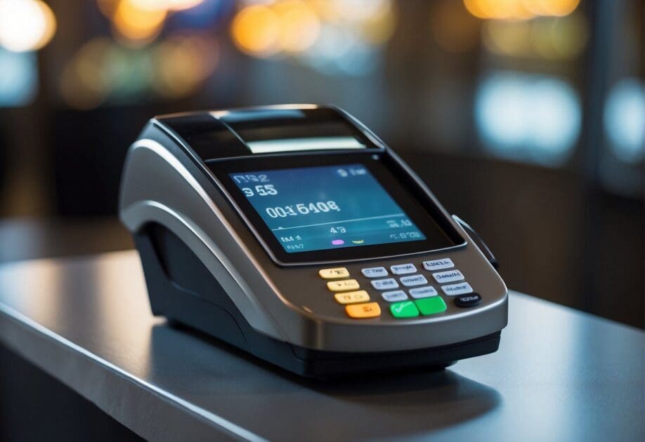 A futuristic payment terminal scans a user's unique biometric data for a secure and convenient transaction