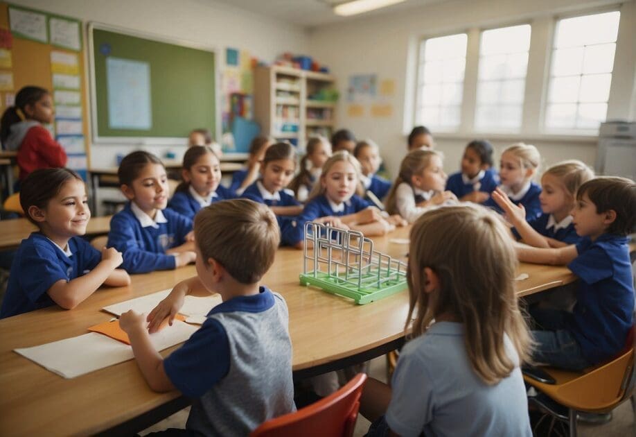 A classroom with children using Matific on tablets, engaged and learning math concepts. The teacher observes and assists. Bright, colorful visuals on the screens