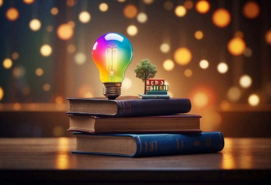 A colorful logo of "Melearn" with a book and a lightbulb, symbolizing learning and creativity