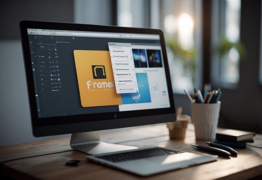 A computer screen displaying the Framer logo and interface elements, with a stylus and sketchbook nearby