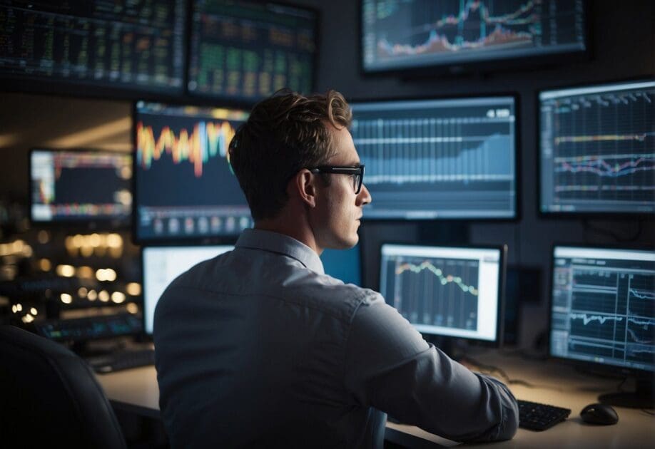 A person analyzing market data on a computer, surrounded by charts and graphs, with a look of determination on their face