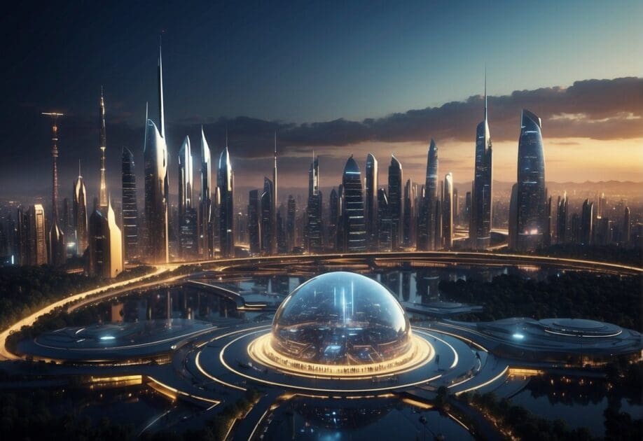 A futuristic city skyline with advanced technology and data analysis tools, symbolizing adaptability and forward projection in market trends