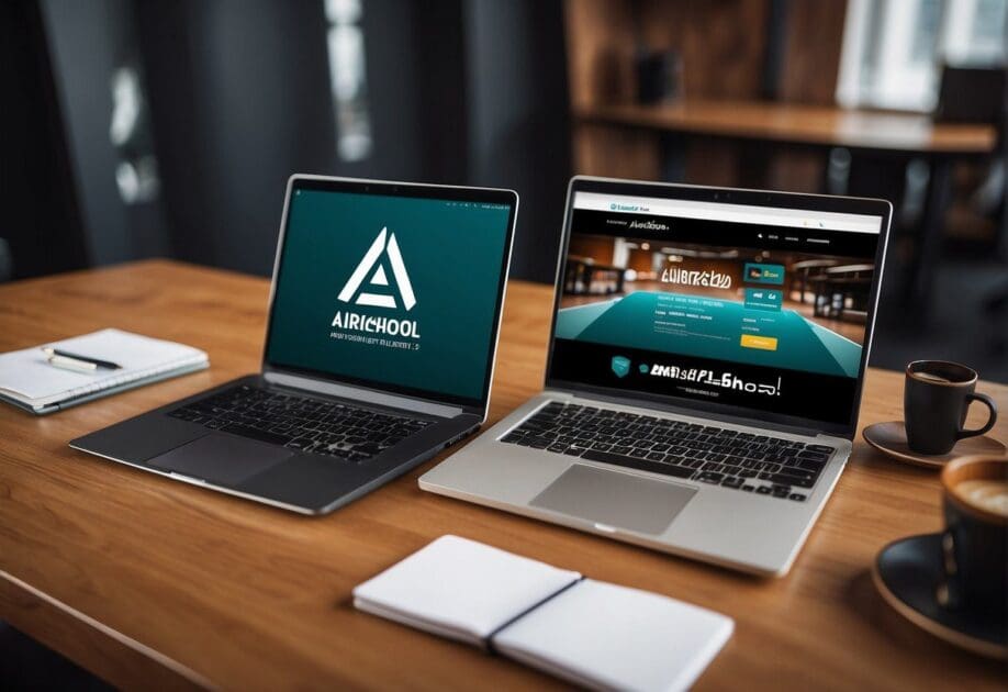 Airschool logo and branding materials displayed on a clean, modern desk with a laptop and notebook nearby