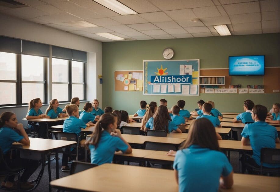 A classroom with students and a security guard. The Airschool logo is displayed on the wall