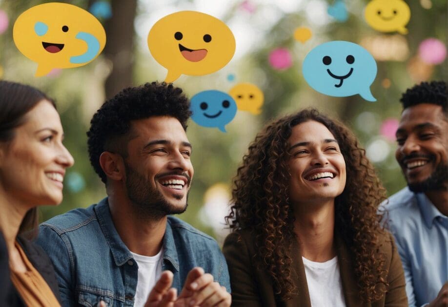 A group of diverse people engaging in lively conversation, with speech bubbles and emojis floating above their heads