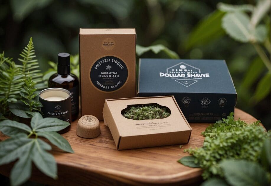 A package of Dollar Shave Club products sits on a wooden table, surrounded by greenery and eco-friendly materials. The packaging features sustainable design elements and messaging