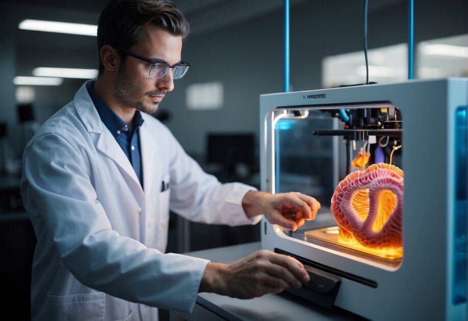 A lab technician carefully operates a 3D printer, creating a lifelike model of a human organ. Regulatory and ethical guidelines are displayed on the wall