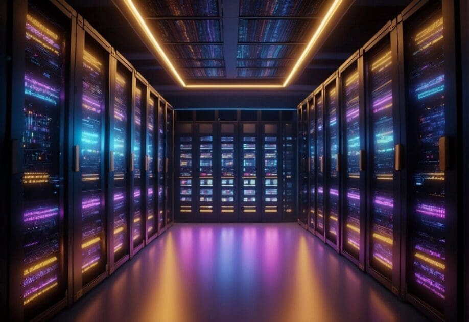 A futuristic server rack emitting colorful light, with AI algorithms displayed on screens