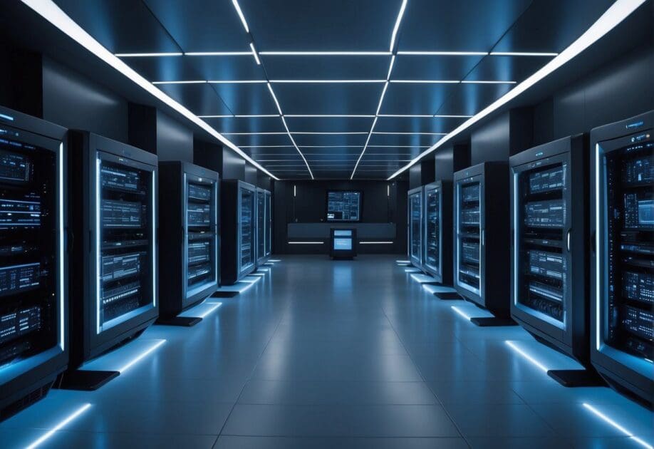 A futuristic server room with AI algorithms running on multiple screens and servers, surrounded by technicians monitoring and maintaining the system