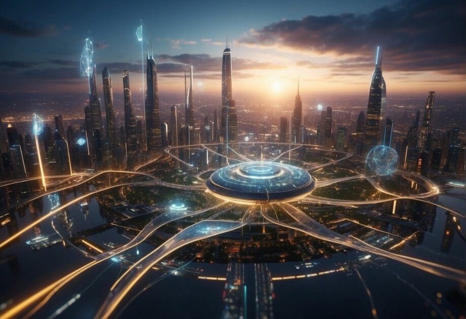 A futuristic city skyline with AI-powered services floating above, connecting to various devices and systems. Data streams and algorithms intertwine, representing the benefits of AI as a Service