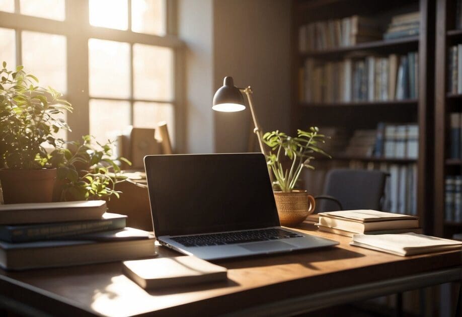 A desk cluttered with books, a laptop, and a notepad. A motivational poster on the wall. Sunlight streaming through a window, illuminating the workspace