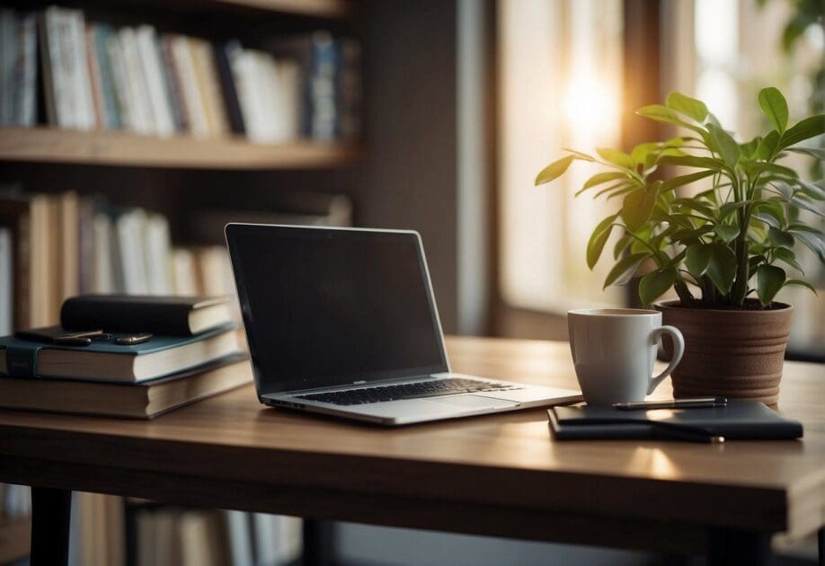 A desk with a laptop, notebook, and pen. A motivational poster on the wall. A bookshelf filled with business books. A cup of coffee and a plant on the desk