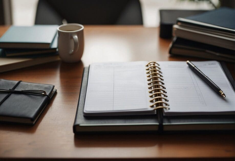 A clutter-free desk with a neatly organized planner, a focused individual deep in thought, surrounded by books and a peaceful ambiance