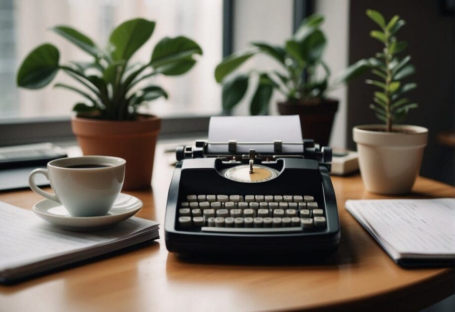 A cluttered desk with papers and a computer, a clock showing the time, and a serene atmosphere with a cup of coffee and a potted plant