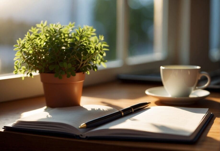 A cluttered desk with a neatly organized planner, a calming plant, and a cup of tea. The sun is shining through a window, casting a warm glow on the scene