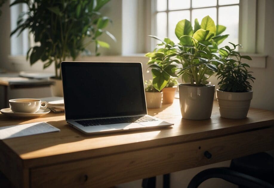 A clutter-free desk with a laptop, notebook, and a plant. Sunlight streams in through the window, creating a peaceful and productive atmosphere