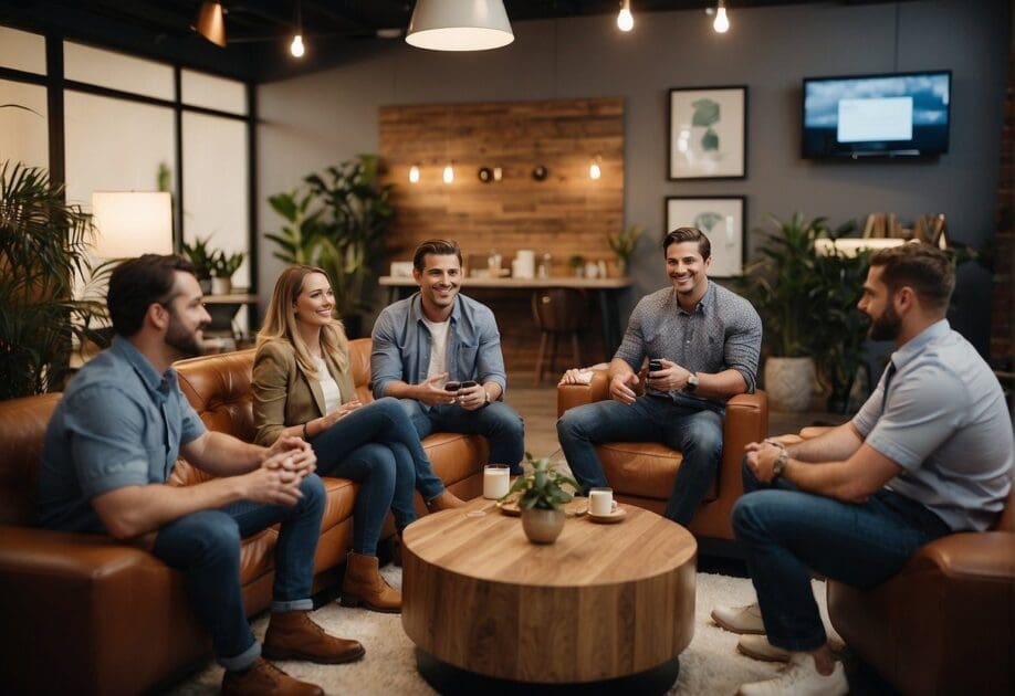 The Dollar Shave Club's Innovation House FAQ session: a group of people engaging in conversation, surrounded by modern decor and innovative technology