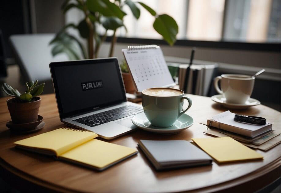 A cluttered desk with a calendar, planner, and sticky notes. A laptop open to a productivity book. A cup of coffee and a plant on the side