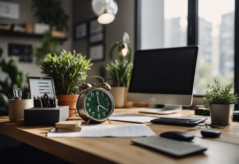 A cluttered desk with scattered papers, a computer, and various office supplies. A clock on the wall shows the time, and a plant sits in the corner