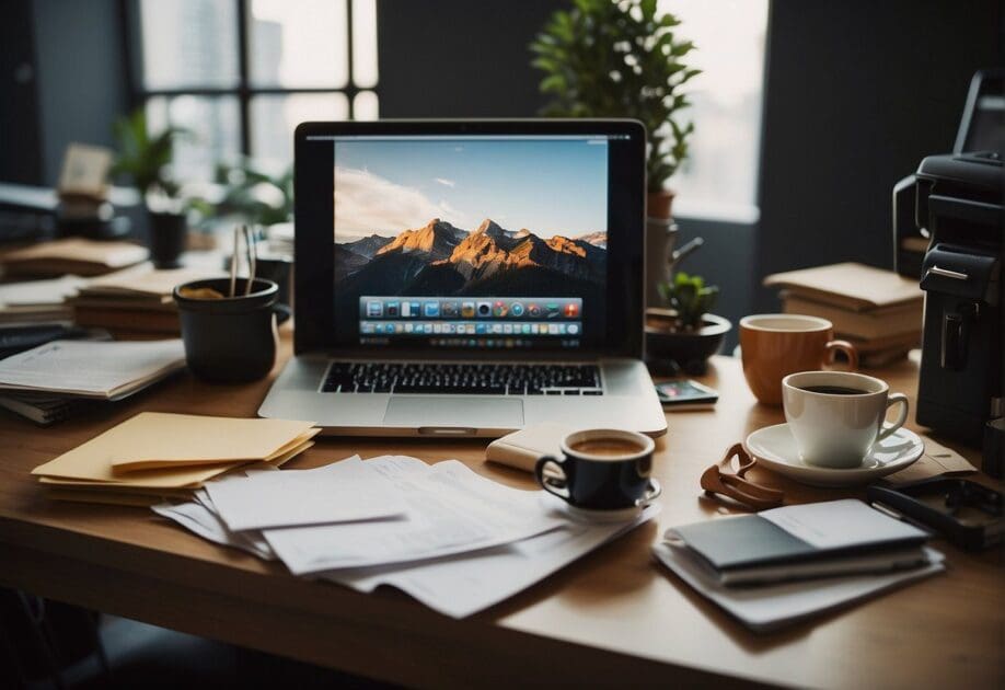 A cluttered desk with scattered papers, a laptop, and a cup of coffee. A person multitasking, juggling multiple tasks with a sense of simplicity and contentment