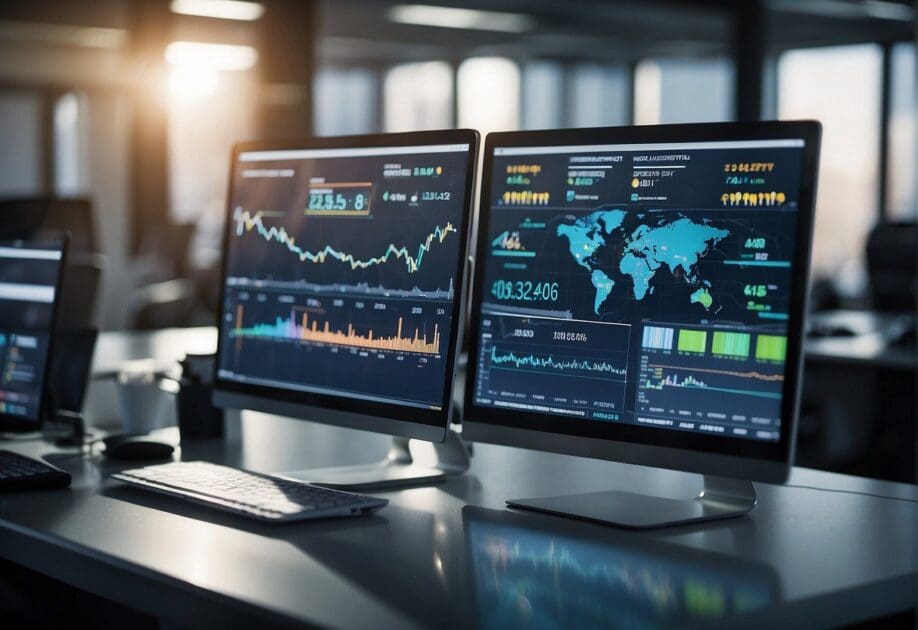 A modern office setting with computers, tablets, and smartphones on desks. Digital transformation charts and success stories displayed on screens