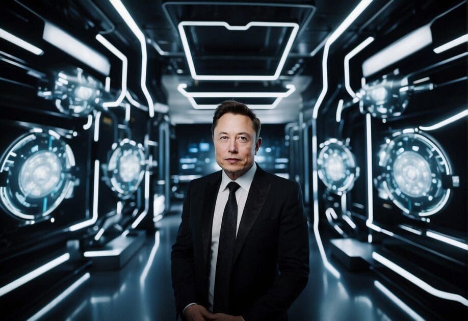 Elon Musk's innovative mind, depicted with futuristic technology and brainstorming visuals