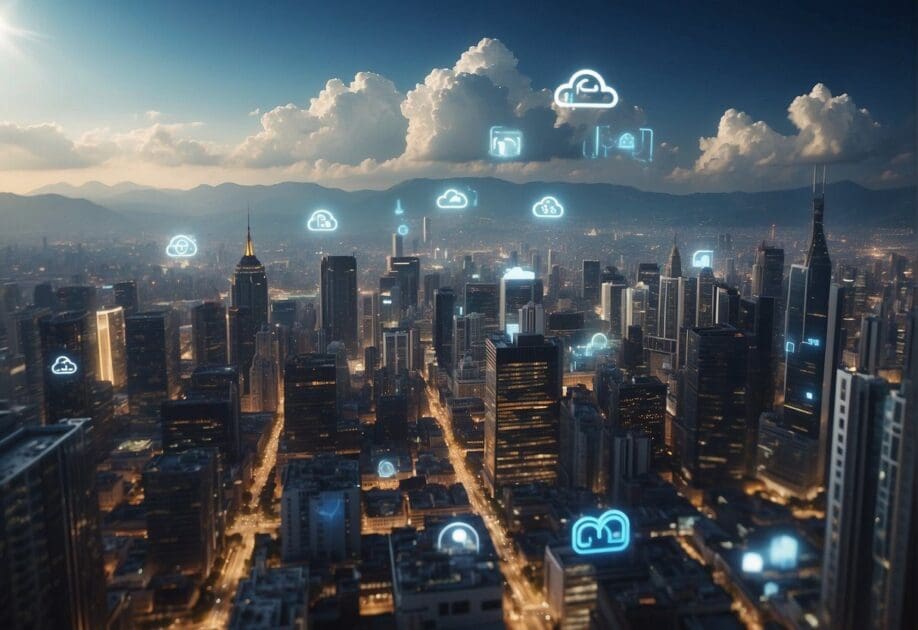 A cloud hovers over a city, with digital transformation symbols emerging from it. The city is filled with automated processes and futuristic technology