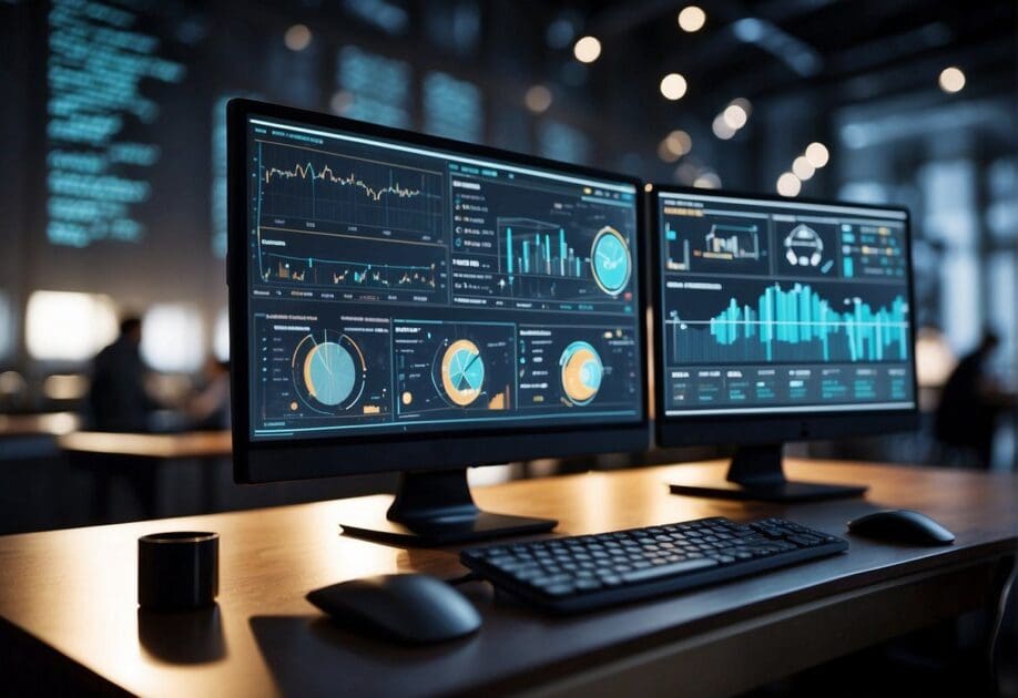 A computer screen displaying a variety of data visualizations and analytics charts, surrounded by futuristic technological devices and interconnected networks