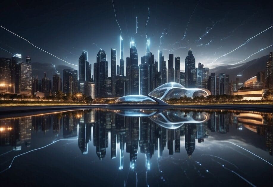 A futuristic cityscape with sleek, interconnected buildings and advanced technology integrated into specific sectors, showcasing the complete digital transformation