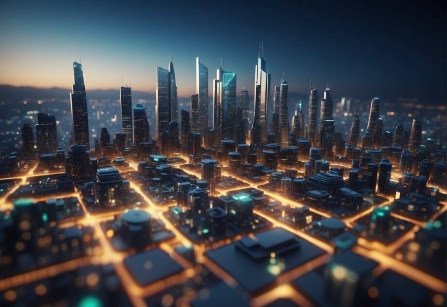 A futuristic cityscape with interconnected devices and data streams, showcasing the integration of automation and collaboration in digital transformation for 2024 and beyond