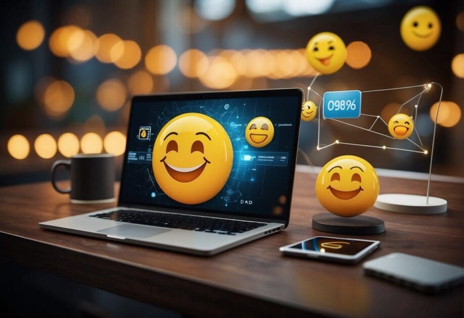 A digital interface with a smiling emoji receiving positive feedback from multiple devices